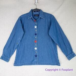 Vintage Luna Pier *stained" long sleeve jean shirt Independence Day, size M‎